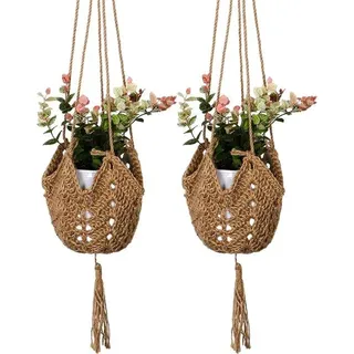 Ibenzoa® Boho Makramee Pflanzenhänger 2er-Set – handgewebt aus Baumwollkordel & Jutegarn, inkl. 2 Haken, ca. 96 cm, für Wand & Innen/Außen - Braun