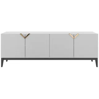 Visby Sideboard Demi Long, Weiß-Schwarz-Gold, Mit Gefrästen Fronten, Massive Buche , Weiß, Schwarz, Goldfarben , Buchenholz , 201.5x70x42 cm , Kleinmöbel, Kommoden, Sideboards