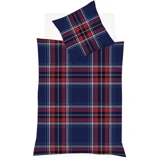 Traumschlaf Feinbiber Bettwäsche Aspen Karo – Kuschelig warme Winterbettwäsche aus 100% Baumwolle – im zeitlosen Navy-Rot Karodesign – 155x220 cm + 80x80 cm
