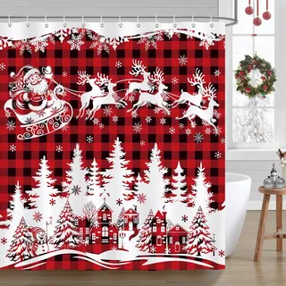 COZZSNUGE Duschvorhang 180 x 180 cm Weihnachten, Rustikale Rot-Schwarz Büffelkaro Weihnachtsmann Duschvorhänge Anti-schimmel Wasserdicht Polyester Stoff Badvorhang mit 12 Duschvorhangringen