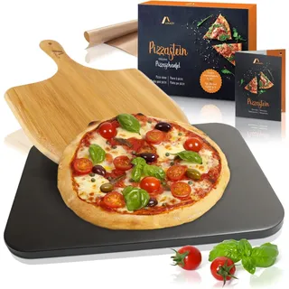 Amazy Pizzastein inkl. Bambus Pizzaschaufel, Dauerbackfolie und Rezepte Heft – Der Brotbackstein (hitzebeständig, schwarz) verleiht Ihrer Pizza den Geschmack italienisch knuspriger Steinofenpizza