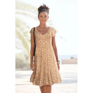 Buffalo Jerseykleid mit Blümchenprint und V-Ausschnitt, Sommerkleid, Strandkleid, beige
