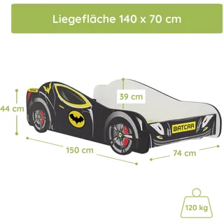 Autobett 70x140 cm Kinderbett Jugendbett mit Rausfallschutz | Kinder Spielbett Batman Batmobil Bat Car Auto Bett in schwarz - Schwarz