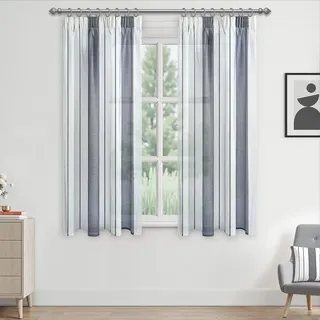 MRTREES Gardinen mit Kräuselband,Grau und Weiß Streifen,137x140 cm,2er Set | Vorhänge Kurz Transparent,Tüll Gardine,Boho Style,für Fenster Modern,Schlafzimmer,kinderzimmer Mädchen,Küche,Bistro