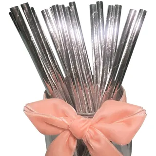 100 Stück Glitzernd Silber Papier Strohhalme, 100% Biologisch Abbaubar Silber Trinkhalme Einweg für Party Dekorationen, Geburtstag, Hochzeit, 20 cm / 7.75 Zoll Long