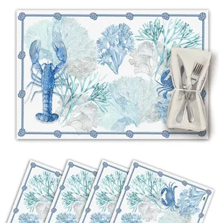 Vilber, 4er-Set Tischsets aus Vinyl, waschbar, wasserdicht, schmutzabweisend, rutschfest, rutschfest und hitzebeständig. Marineblau, Korallen, Ärmel, Blau