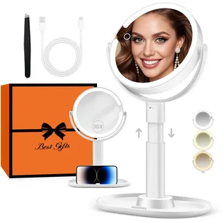 B Beauty Planet Beleuchteter Makeup Spiegel 30X Vergrößerungsspiegel mit 3 Farblicht, dimmbare LED & höhenverstellbar - Kosmetikspiegel 2-seitig für Badezimmer - Geschenk für Frauen Weiß