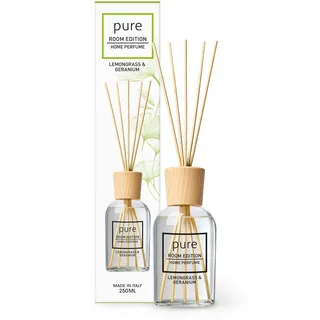 PURE ROOM EDITION 250ml Zitronengras & Geranie Raumduft | natürliche Inhaltsstoffe, vegan & tierversuchsfrei, Bio-Alkohol, Diffuser mit Stäbchen hergestellt in Italien