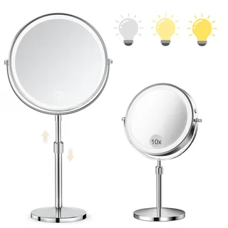 SURFOU 8-Zoll Kosmetikspiegel mit Beleuchtung, 10X/1X Vergrößerungsspiegel Doppelseitig - 360° Drehbarer & Abnehmbarer Tischspiegel für Makeup, Rasur, Badezimmer und Reise