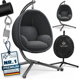KESSER® Luxe Hängesessel mit Gestell + weicher Sitzkissen, Seitenpolsterung, Sitz- und Rückenkissen Hängekorb Indoor & Outdoor, Garten Schaukel Korb Hängestuhl Stabiler Standfuß, max. 150 kg - Grau, Dunkelgrau