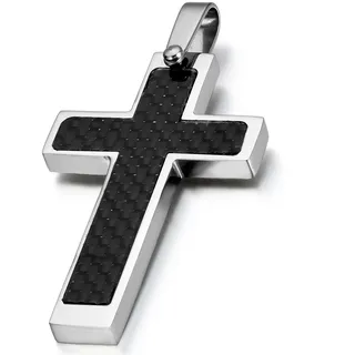 Flongo Herren Anhänger Kette, Edelstahl Anhänger Halskette Silber Schwarz Kreuz Kruzifix mit Kohlenstoff Carbon Fiber Kohlefaser Poliert Herren Männer Accessoires Herrenschmuck