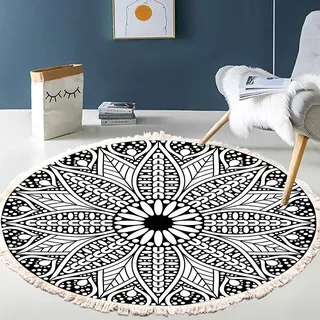 Vintage Boho Baumwolle Teppiche Mandala Muster Waschbar Handgewebte Böhmische Runder Teppich mit Quasten für Schlafzimmer Flur Wohnzimmer Couchtisch Fußmatten,Waschmaschinenfest,120CM Blumen #17