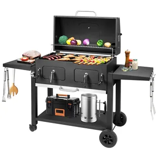 Grillwagen XXL Holzkohlegrill mit Deckel, BBQ Smoker Grill Rädern, Edelstahl-Griff, Grillrost und Thermometer, Standgrill, Kohlegrillwagen 154.5 x 89 x 122 cm