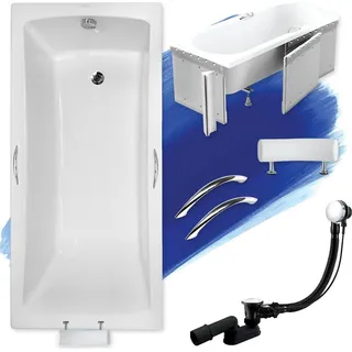 Badewanne Rechteck 170x70 mit Styropor + Handgriffen + Kopfstütze, Ablauf & Füße GRATIS | Komplettset 6in1 Acryl Wanne | BADLAND OPTIMA PREMIUM