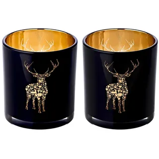 Edzard 2er Set Teelichtglas Fancy, Höhe 8 cm, Durchmesser 7,5 cm, außen schwarz, innen Gold, Teelichthalter, Windlicht mit Hirsch-Motiv