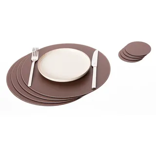 Nikalaz Rund Platzsets und Untersetzer aus Recyceltem Leder, 4 Stück Tischsets, Platzdeckchen 33 cm und Untersetzer 10cm (Braun)