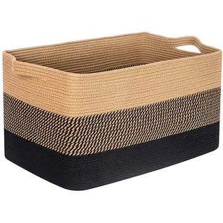 MOLVCE Baumwollseil Aufbewahrungskorb 63L, Aufbewahrungskorb aus Baumwolle Korb Faltbare mit Griffen, Square Wäschekorb Baumwolle Korb für Wohnzimmer, Kinderzimmer, Schwarz & Jute
