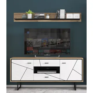 Set TV Lowboard und Wandboard BRISTOL-129 in Catania Eiche Nb. mit schwarz und weiß Hochglanz, B/H/T: ca. 167/200/40 cm - Braun