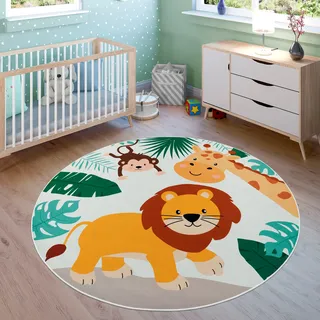 Paco Home Kinderteppich »Bino 582« rund 4 mm Höhe Spielteppich, Motiv Tiere, Löwe & Giraffe, Kinderzimmer, beige