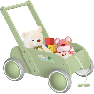 Lauflernwagen Holz, Baby Lauflernhilfe für Junge und Mädchen, Kinderwagen aus Holz, Baby Walker mit Stauraum, Geschenk für Geburtstag Weihnachten, Grün