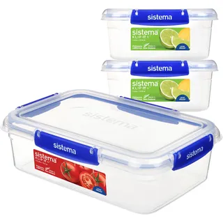 Sistema KLIP IT PLUS auslaufsichere Vorratsdosen | 2 x 1L & 2,2 L | luftdichte und stapelbare & ineinander stellbare Frischhaltedosen für Meal Prep mit Deckel | Brotdosen für Pause | BPA-frei, 3 Stück
