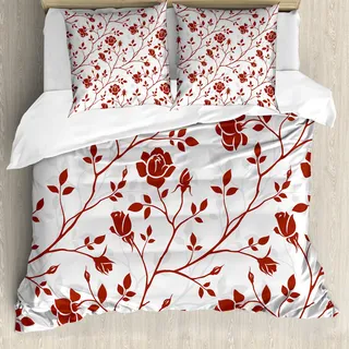 ABAKUHAUS Blumen Bettbezug, Monochrome Rose Leaves, Milbensicher Allergiker geeignet mit Kissenbezügen, 155 cm x 220 cm - 80 x 80 cm, Rubin Beige Weiß - Weiß