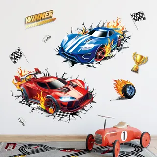 FUFUQUARE 3D Auto Wandtattoo Rennwagen Wandsticker Zerbrochene Wand Sportwagen Wandaufkleber für Kinderzimmer Wohnzimmer Spielzimmer Hause Wanddeko