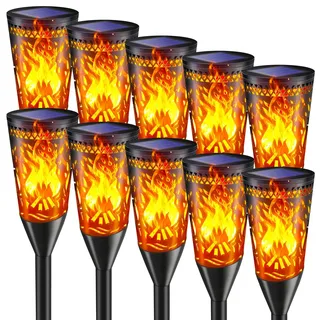FIFlying Solarlampen für Außen Garten, 2 Modi Solarfackeln mit Flammeneffekt für Halloween Dekoration, IP65 Wasserdicht, Flackernde Solarlichter für Weg,Terrasse, Rasendeko-10 Stück