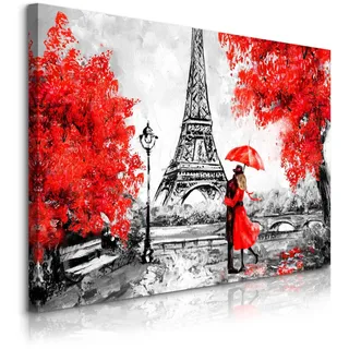 Muralo Leinwandbild Romantisches Paris Eiffelturm Bäume Malarei 120x80 , Rot, Schwarz, Weiß, Grau , Textil , Stadtarchitektur, Baum/Pflanze/Natur, Herz/Romantik , Rechteckig , 120x80 cm , Bilder & Rahmen, Bilder, Leinwandbilder