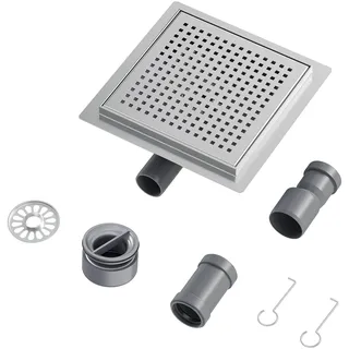 Neodrain Bodenablauf Dusche Edelstahl Duschrinne Quadrat 20 x 20 cm mit 360° Siphon, Geruchsverschluss, Haarsieb und 2 Ablaufadapter Ablaufrinne Duschablauf