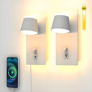 Sytmhoe 2 Stück Dimmbar Wandlampen Weiß Für Innen Mit Usb Type C Ladeanschluss, 3000K Wohnzimmer Wandlichter Schlafzimmer Wandleuchten Mit Schalter, Hotel Weisse Wandbeleuchtungen Nachttischlampe Wand