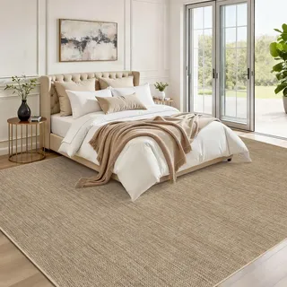LuxFocus Jute-Look Teppich Innen/Außen 240×340 cm, einfarbiger moderner Teppich mit Rutschfester Unterseite, waschbarer flachfloriger neutraler Dekoteppich für Wohnzimmer, Schlafzimmer, Leinenfarbe