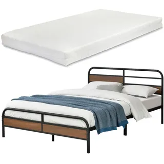 [en.casa] Metallbett, Schwarz, Walnuss, Textil, Höhe ca. 16 cm