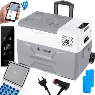 KESSER® Kompressor Kühlbox elektrisch Gefrierbox, Mit APP-Steuerung USB-Anschluss 12/24 V 230V, +Teleskopstange, Kühlakkus Räder Kühlschrank Kühlung bis -20 °C für Auto, Lkw, Boot, Reisemobil, Camping - Grau