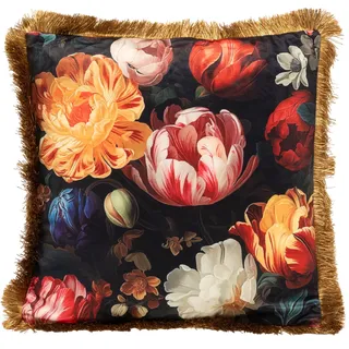 Kare Design Peony, Rose, Mehrfarbig, 45x45 cm, Abnehmbarer Bezug mit Reißverschluss, Motiv Blumen, Mit Franksenkanten, Dekokissen inklusive Füllung, Zierkissen, Sofakissen