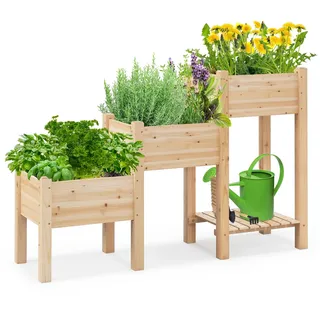 RELAX4LIFE Hochbeet 3 Etagen, Gartenbeet aus Massivholz, Gemüsebeet mit Ablageboden & 6 Abflusslöchern, Anzuchtbeet mit Füßen, Kräuterbeet für Garten Balkon Terrasse, 161 x 43 x 104 cm