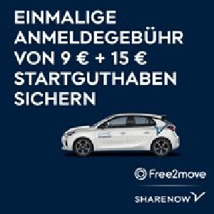 Free2move / sharenow Carsharing &#8211; 5€ Anmeldegebühr + 15€ Startguthaben + 5€ Promocode