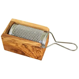 Olivenholz-erleben Käsereibe "für Hartkäse und Muskat, aus Edelstahl mit Olivenholzbox" Metallreibe aus Edelstahl, Auffangbox aus Olivenholz, auch für Muskat, natur, edelstahlfarben