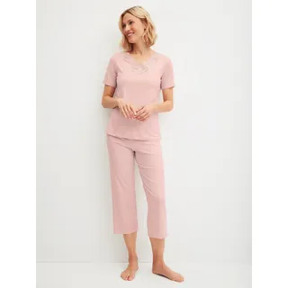 Capri-Pyjama CALIDA "Elegant Dreams", Damen, Gr. S (40/42), peach rose, Single Jersey, Obermaterial: 95% Modal (TENCELTM), 5% sonstige Fasern, bequem 7/8-Länge, V-Ausschnitt, Homewear-Sets Capri-Pyjama, aus weicher Single-Jersey-Qualität, 7/8-Hose, Spitze, Kurzarm