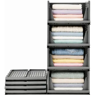 RMAN 4er Set Kleiderschrank Organizer Stapelbare Schubladenbox Schrank Regal Faltbaren Aufbewahrungsbox Plastik Trennwand Stapelschubladen für Kleidung Küchen Bad Schlafzimmer Grau