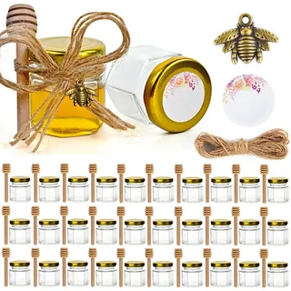 CLTPY Kleine Honiggläser, Honigglas mit Honiglöffel, Kleine Gläser mit Bienen Anhänger, Mini Honigtöpfe mit Organzaband, Mini Gläser für Baby Feier, Hochzeit Gastgeschenk, 30 Stück 45ml