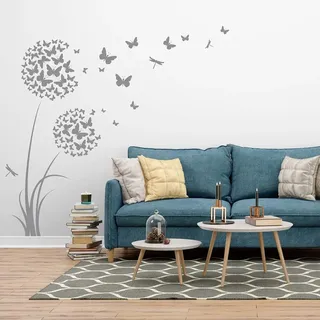 tjapalo®4v großes Wandtattoo Pusteblume mit Schmetterlingen Wandtattoo Wohnzimmer blumen Wandtattoo mädchenzimmer teenager, Farbe: mittelgrau, Größe: H100xB34cm