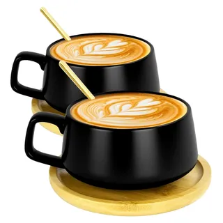 Cappuccino Tassen mit Unterteller, 2 Stück Espressotassen, 320ml Kaffeetassen aus Steingut, Dickwandige Kaffeebecher, Set für Tee, Espresso, Cappuccino und Latte (Schwarz)