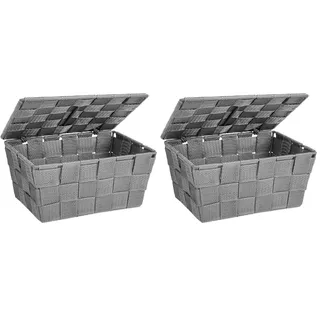 WENKO Aufbewahrungskorb mit Deckel Adria Grau - Badkorb, Küchenkorb, Polypropylen, 19 x 10 x 14 cm, Grau (Packung mit 2)