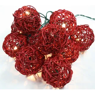 Rattan Ball LED Lichterkette Rot Handarbeit 2,5 Meter 20 Rattanbälle - Rot