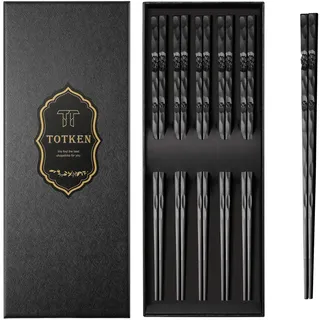 TOTKEN Essstäbchen, 5 Paar wiederverwendbare schwarze spülmaschinenfeste, rutschfeste Essstäbchen mit Geschenkbox (Vintage-Stil)