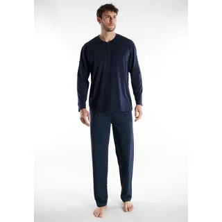Schlafanzug GÖTZBURG "Volos", Herren, Gr. 48S, blau (blau, dunkel, allover), Obermaterial: 100% Baumwolle, normal lang, Rundhals, Homewear-Sets Schlafanzug, Langarm, Rundhalsausschnitt, lange Hose, Baumwolle, bequem
