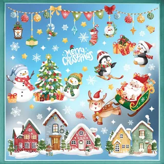 wondever Fenstersticker Weihnachten Häuser Fenster Aufkleber Weihnachtsbaum Schneemann Pinguine Fensterbilder Fensteraufkleber Anti-Kollision Doppelseitig Glasaufkleber Weihnachten Deko