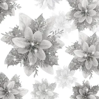 Unyqoos® Glitzernde künstliche Blumen aus Kunststoff – festliche Weihnachts- & Hochzeitsdeko für Christbaum, Girlanden, Kamin- und Eventdekoration - Silber