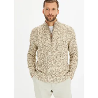Troyer BONPRIX "Troyer Pullover mit Reißverschluss", Herren, Gr. 60/62 (XXL), beige (beige meliert), Strick, Obermaterial: 100% Polyacryl, Zopfmuster, meliert, regular fit hüftbedeckend, Rundhals, Strickbündchen, Pullover Troyer, mit Stehkragen und kurzem Reißverschluss, bequem, Zopfstrick-Design